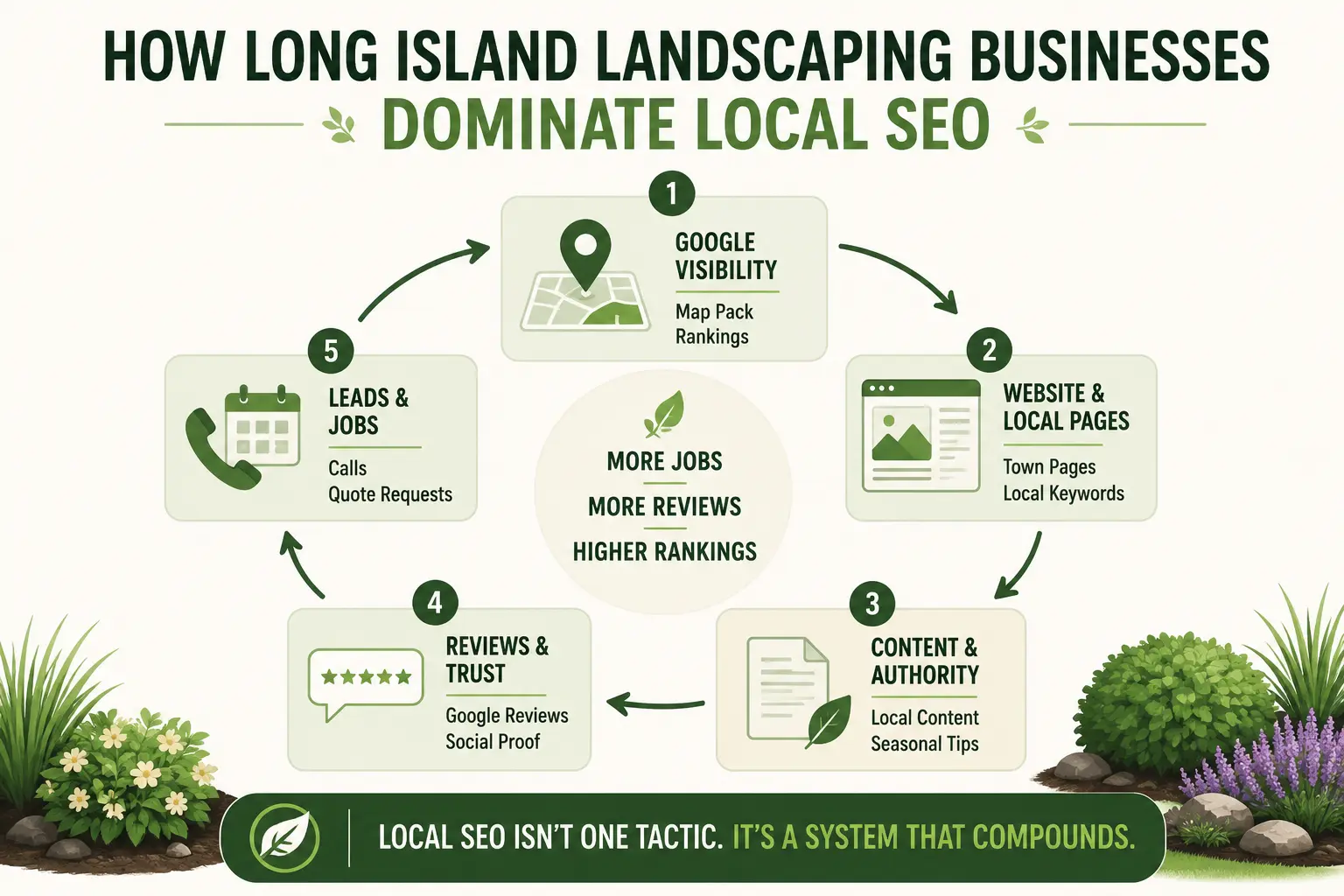 Infographic outlining local SEO priorities for Long Island landscaping businesses