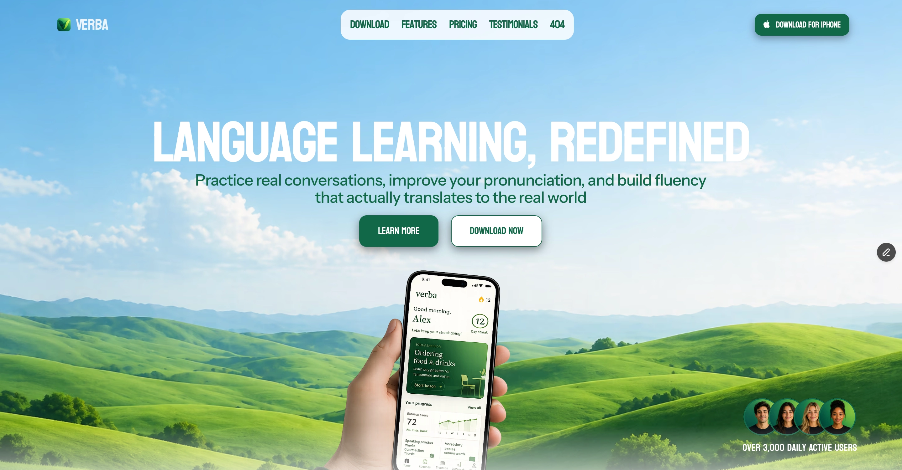 Verba app landing page designed by Merokee